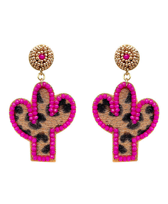 Cactus Leopard Leather Earring