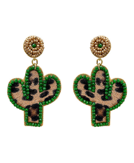 Cactus Leopard Leather Earring
