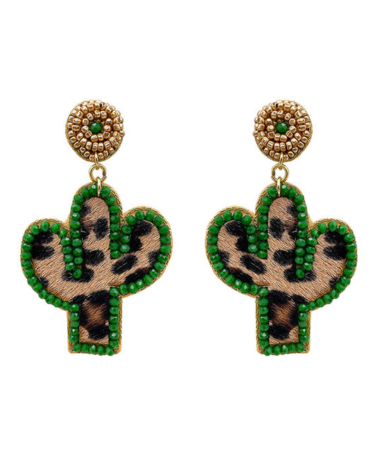 Cactus Leopard Leather Earring