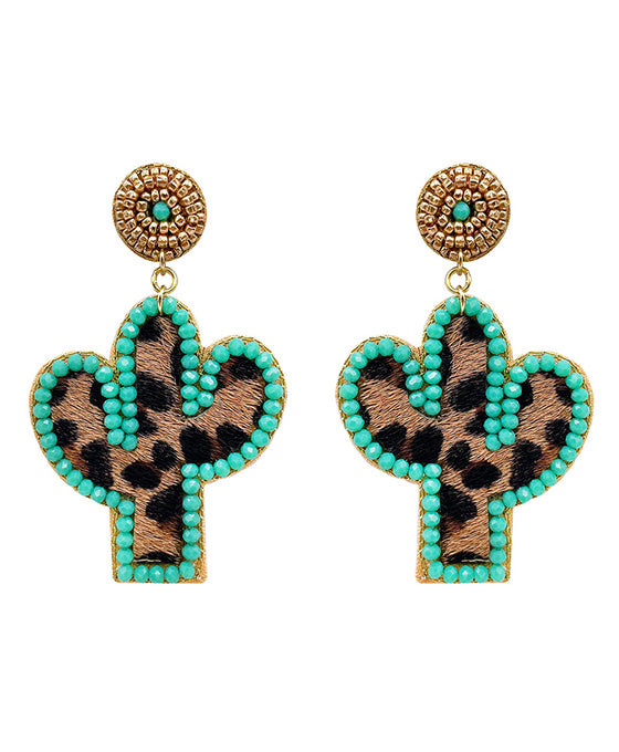 Cactus Leopard Leather Earring