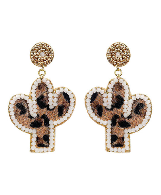 Cactus Leopard Leather Earring