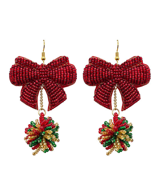 Beaded Pompom Ribbon Earring