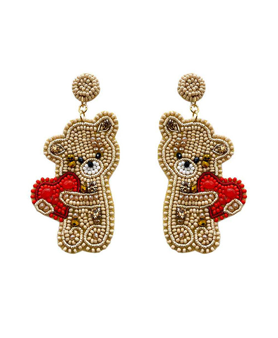 Beaded Teddy Bear w/ Heart Earring