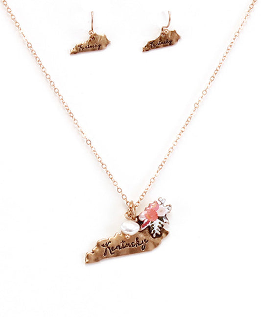 Kentucky State Map Script Floral Necklace Set