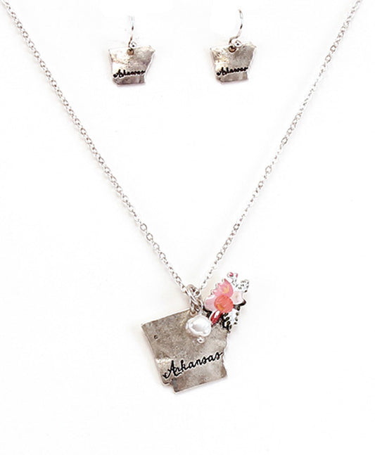 Arkansas State Map Script Floral Necklace Set