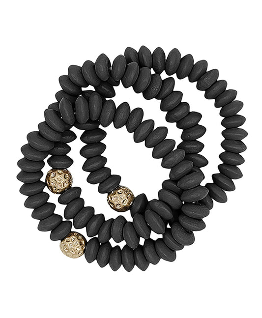 Wood Beads w/ Metal Ball Accent 3 Set Bracelet
