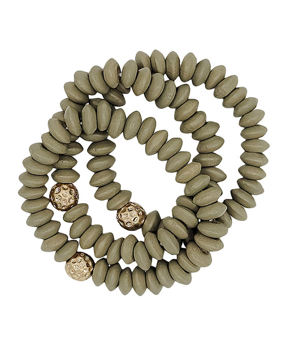Wood Beads w/ Metal Ball Accent 3 Set Bracelet