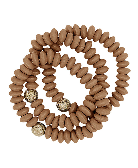 Wood Beads w/ Metal Ball Accent 3 Set Bracelet