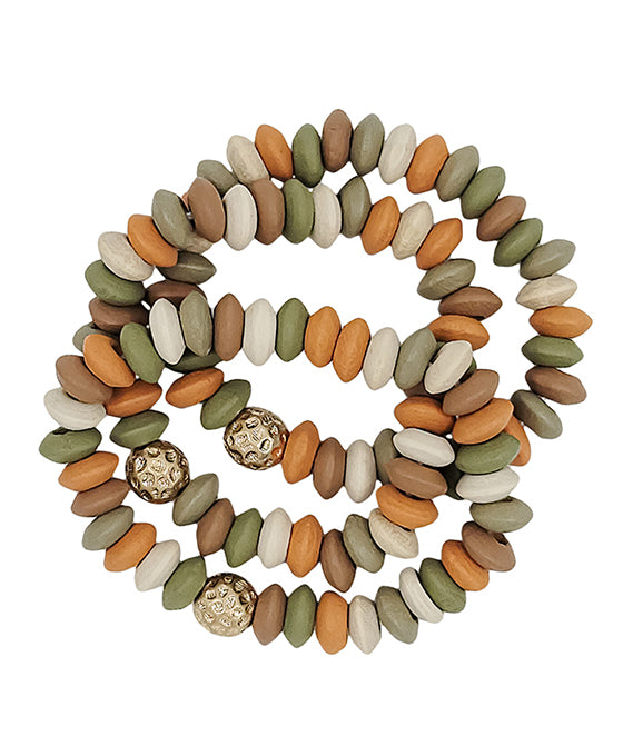 Wood Beads w/ Metal Ball Accent 3 Set Bracelet