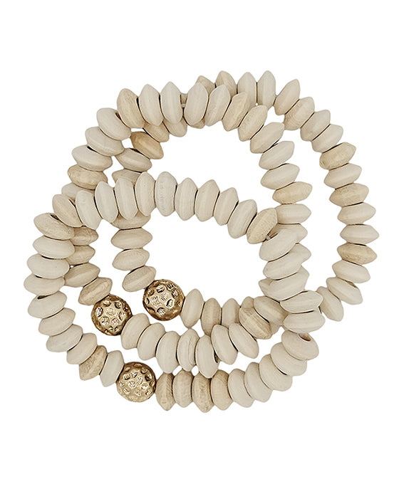 Wood Beads w/ Metal Ball Accent 3 Set Bracelet