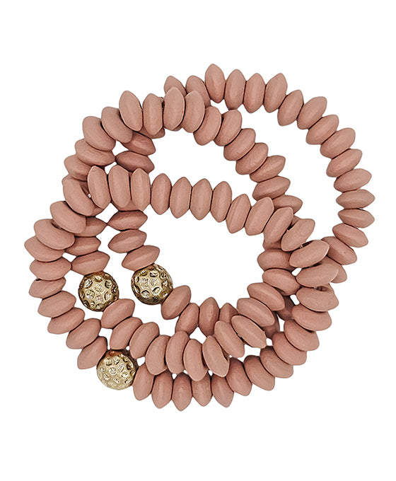 Wood Beads w/ Metal Ball Accent 3 Set Bracelet