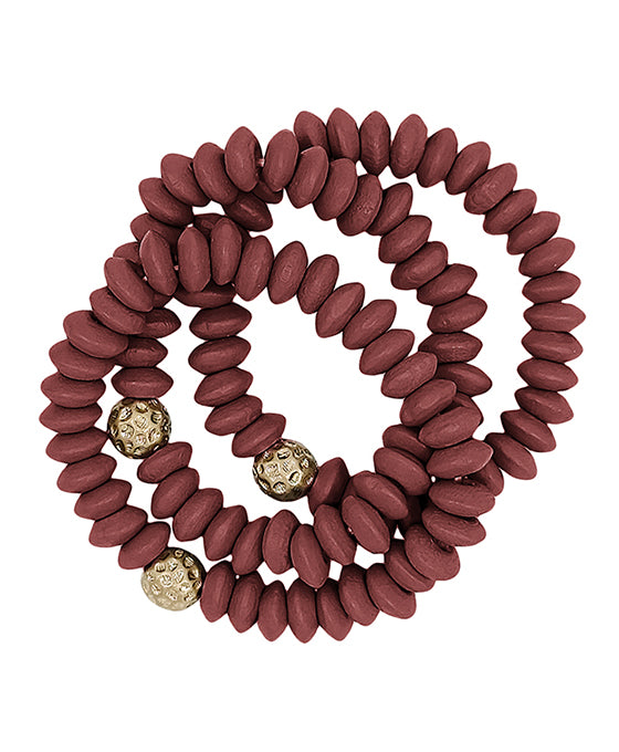 Wood Beads w/ Metal Ball Accent 3 Set Bracelet