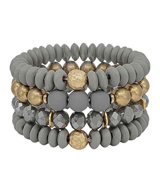 4 Set Wood & Metal & Beads Bracelet