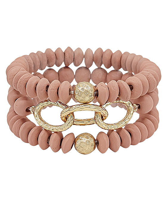 Linked Chain Accent Wood Beads Bracelet
