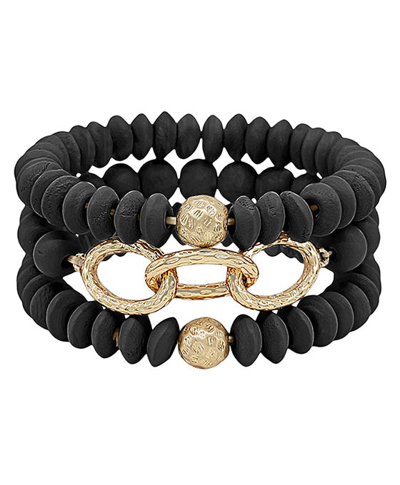 Linked Chain Accent Wood Beads Bracelet