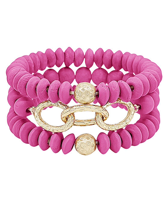 Linked Chain Accent Wood Beads Bracelet