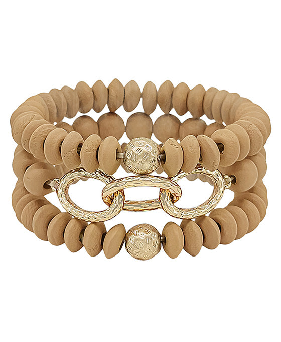 Linked Chain Accent Wood Beads Bracelet