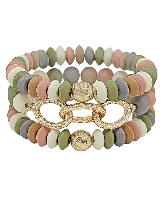 Linked Chain Accent Wood Beads Bracelet