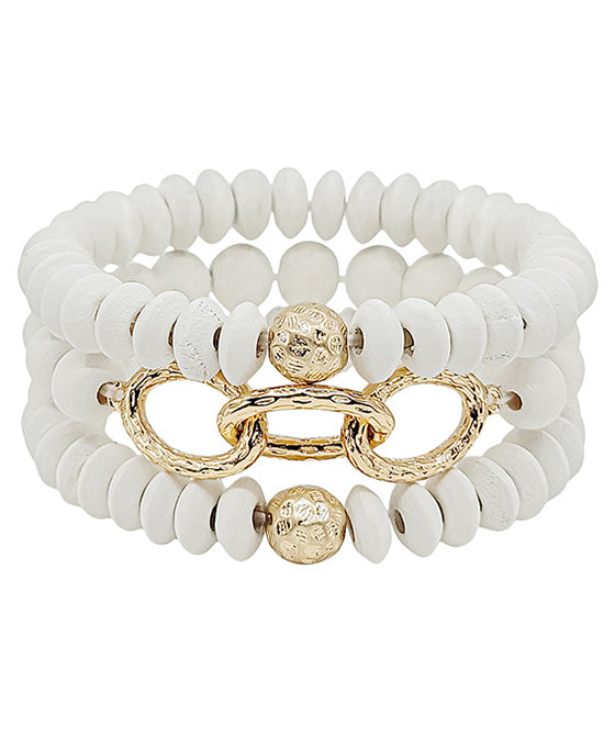 Linked Chain Accent Wood Beads Bracelet