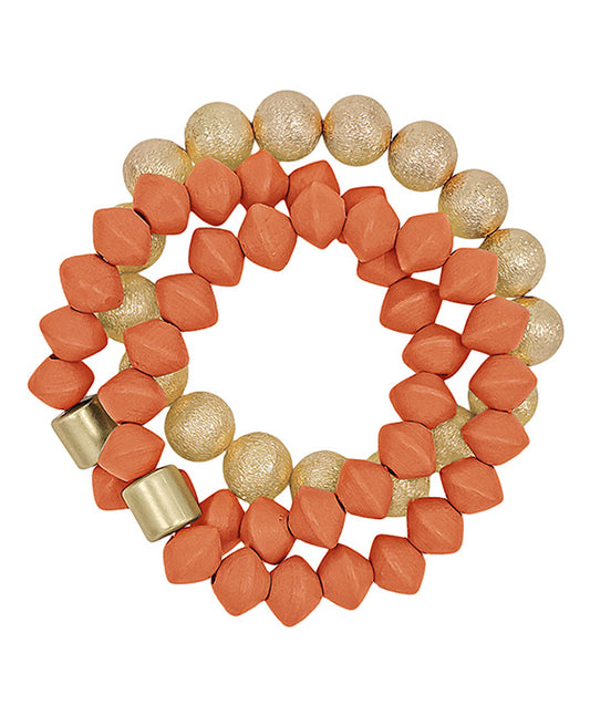 3 Set Wood & Satin Metal Ball Stretch Bracelet