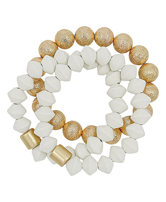 3 Set Wood & Satin Metal Ball Stretch Bracelet