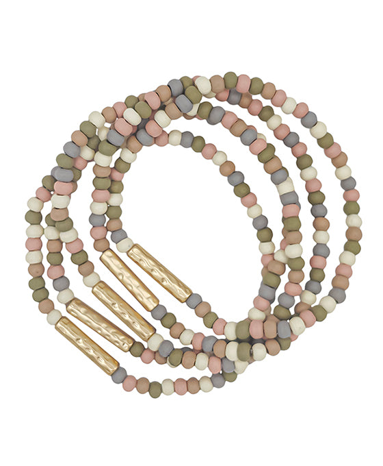 Metal Bar Accent Wood Beaded Bracelet