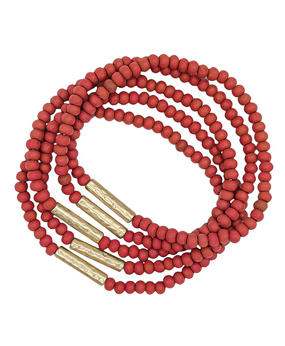 Metal Bar Accent Wood Beaded Bracelet
