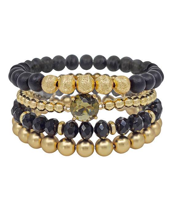 Round Clear Stone Accent Wood & Metal 4 Set Bracelet