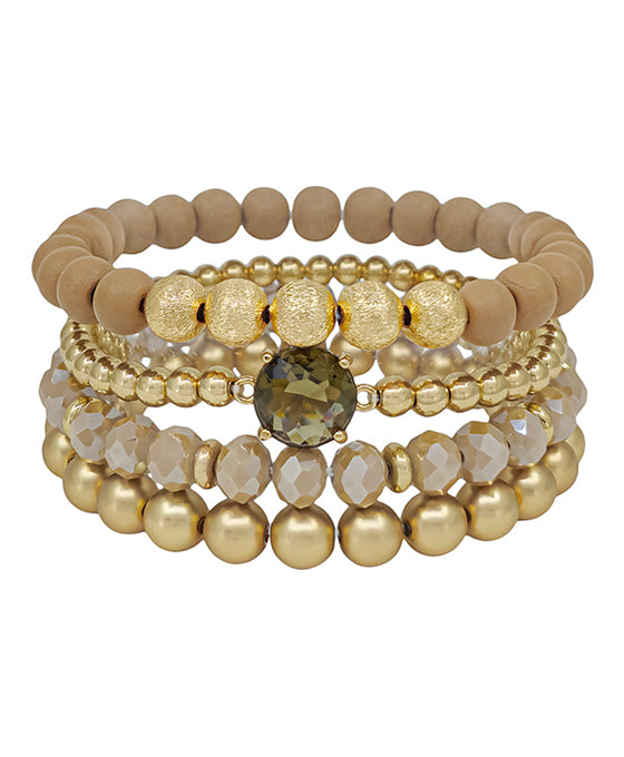 Round Clear Stone Accent Wood & Metal 4 Set Bracelet