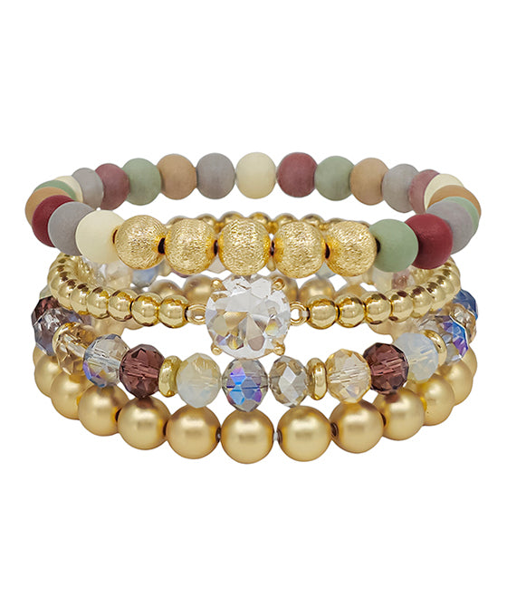 Round Clear Stone Accent Wood & Metal 4 Set Bracelet