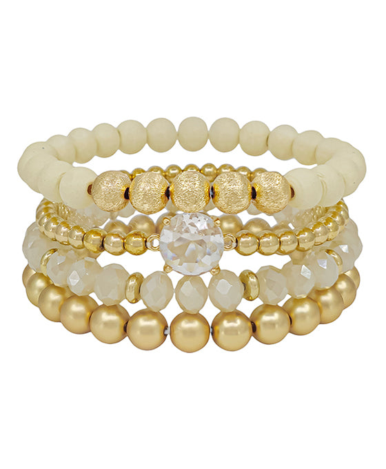 Round Clear Stone Accent Wood & Metal 4 Set Bracelet
