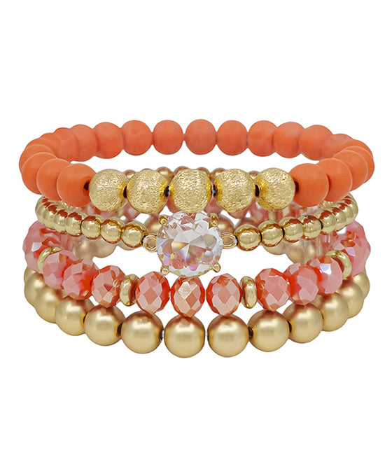Round Clear Stone Accent Wood & Metal 4 Set Bracelet