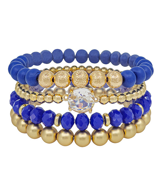 Round Clear Stone Accent Wood & Metal 4 Set Bracelet