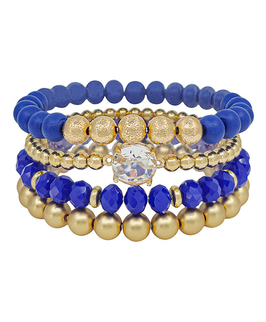 Round Clear Stone Accent Wood & Metal 4 Set Bracelet