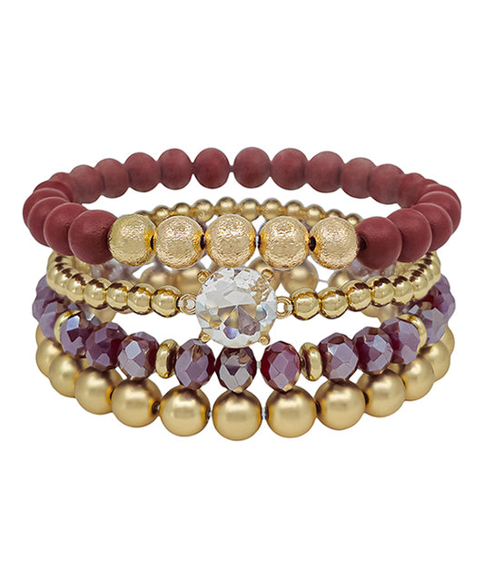 Round Clear Stone Accent Wood & Metal 4 Set Bracelet