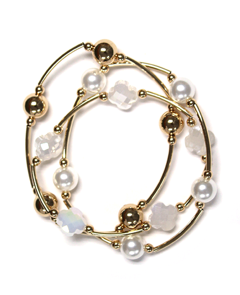 Clover Accent Wire Linked Pearl & CCB Bracelet