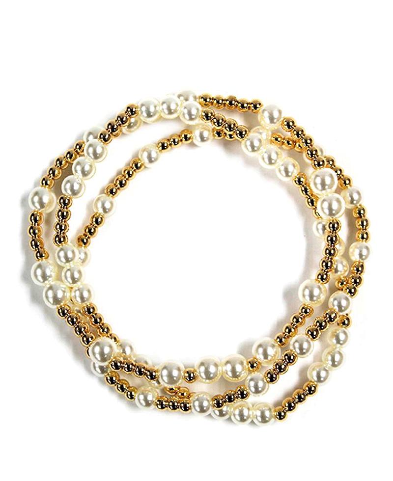 Pearl & Brass Ball 3 Set Bracelet