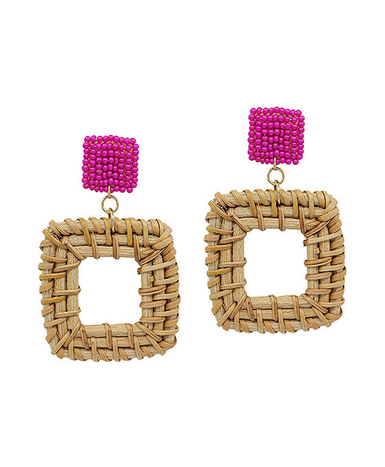Square Seed Beads w/ Raffia Drop Post Earring