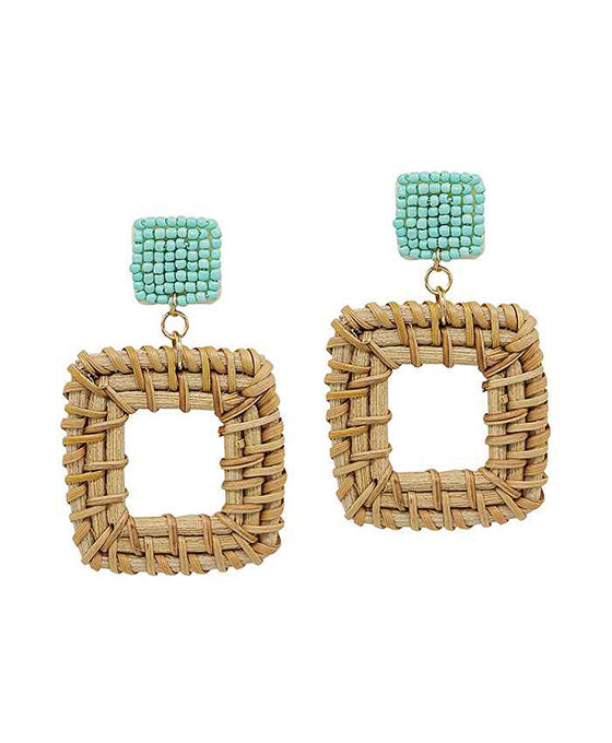 Square Seed Beads w/ Raffia Drop Post Earring