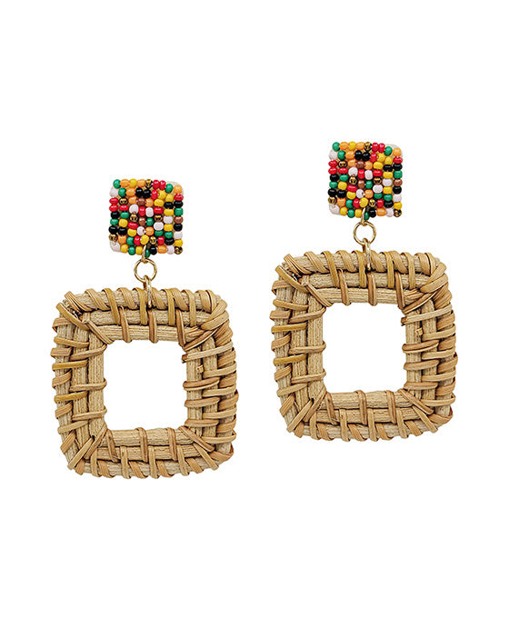 Square Seed Beads w/ Raffia Drop Post Earring