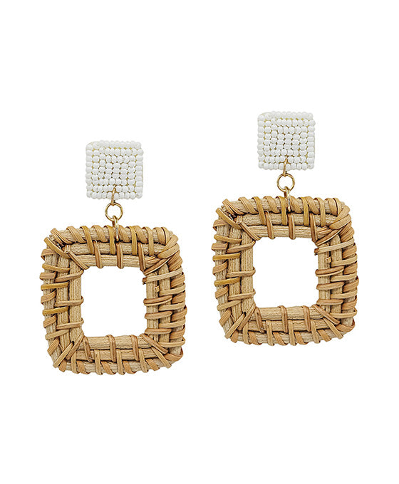 Square Seed Beads w/ Raffia Drop Post Earring