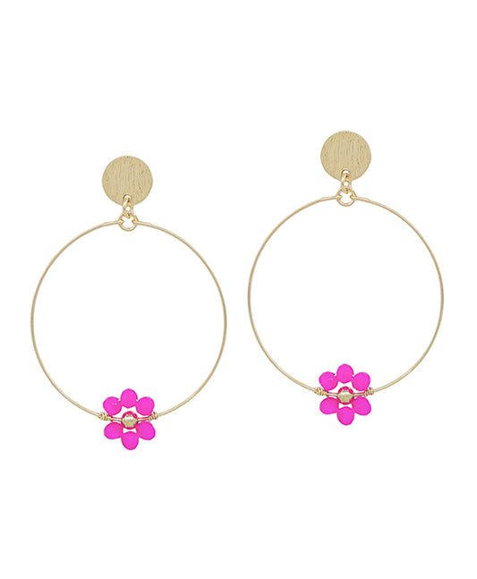 Satin Post Flower Beads Accent Round Earring