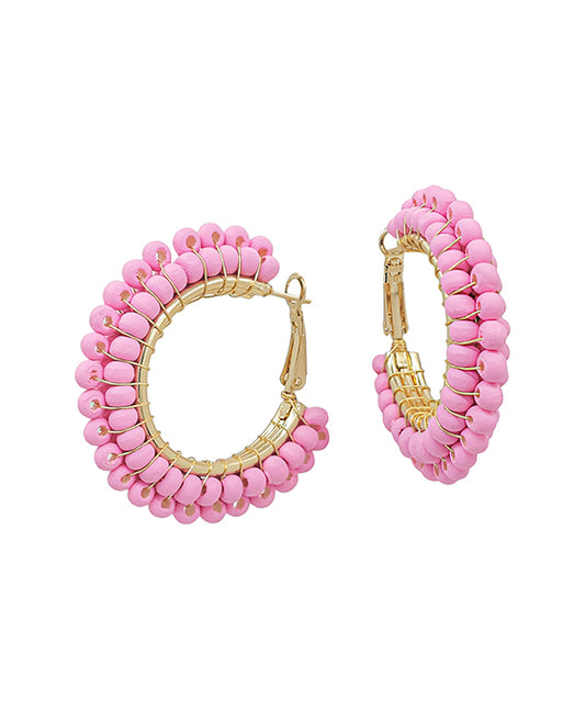 1.5 Inches Wired Wood Beads Hoop Earring