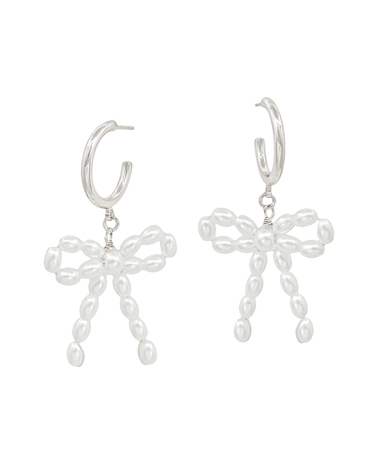 Metal Hoop Wired Pearl Bow Earring