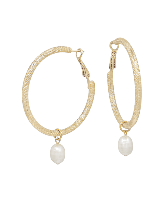 Texture Metal Hoop w/ Pearl Drop Earring