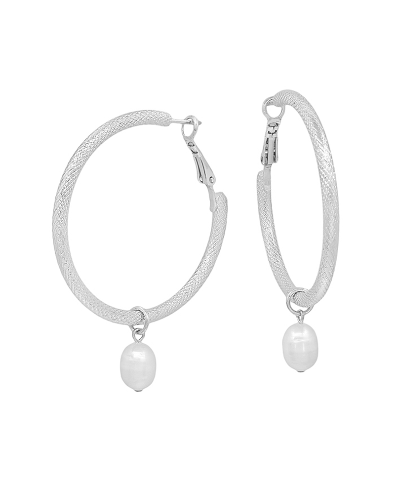 Texture Metal Hoop w/ Pearl Drop Earring