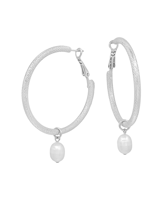 Texture Metal Hoop w/ Pearl Drop Earring