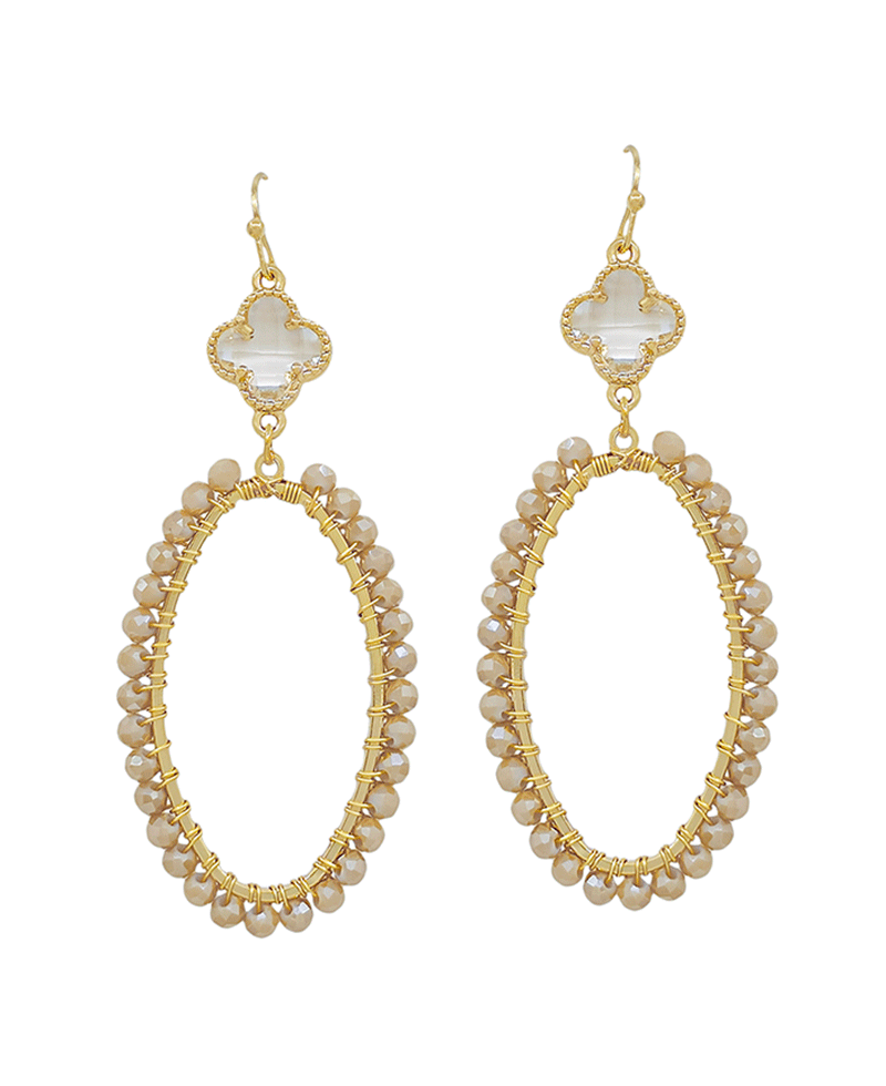 Crystal Clover w/ Oval Shape Glass Wire Earring