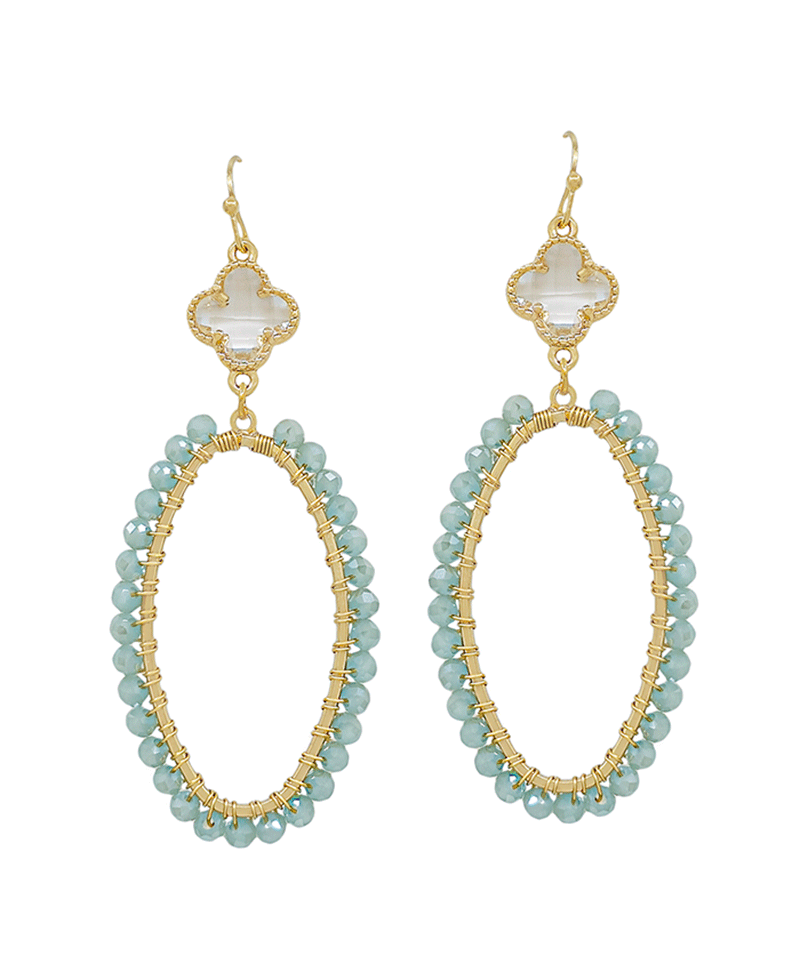 Crystal Clover w/ Oval Shape Glass Wire Earring