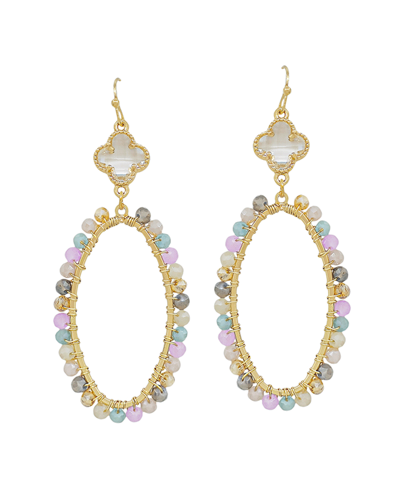 Crystal Clover w/ Oval Shape Glass Wire Earring